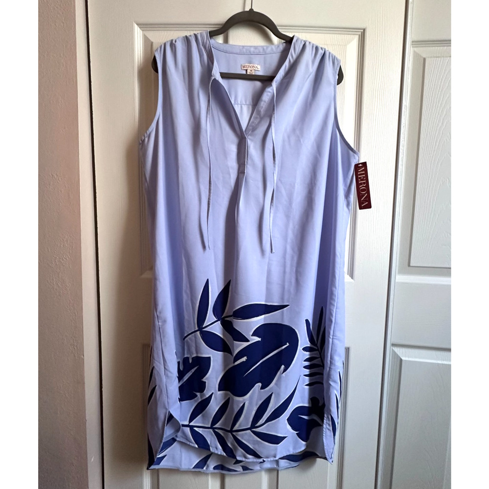 NWT Merona Womens 1X Light Blue Sleeveless Shift Shirt Dress Palm Leaf Print